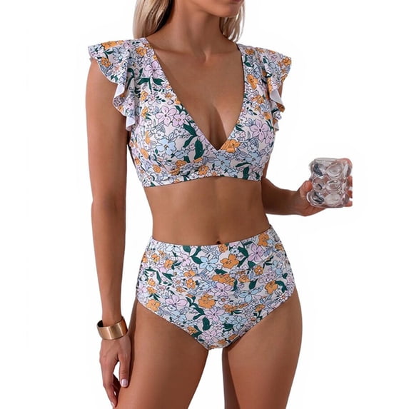 Minjewel Women High Waist Ruffled 2 PC Bikini Swimsuit Fashion Beach Bathing Suit, Yellow XL