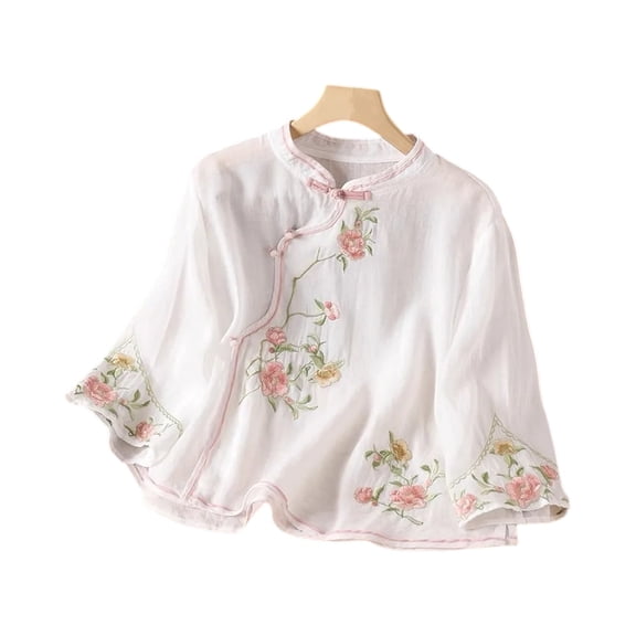 Minjewel Women's 3/4 Sleeve Summer Tops - Embroidered Mandarin Collar Cotton Linen Blouse, Loose Retro Style, Cute Boho 2026 Summer Top for Everyday.,White L