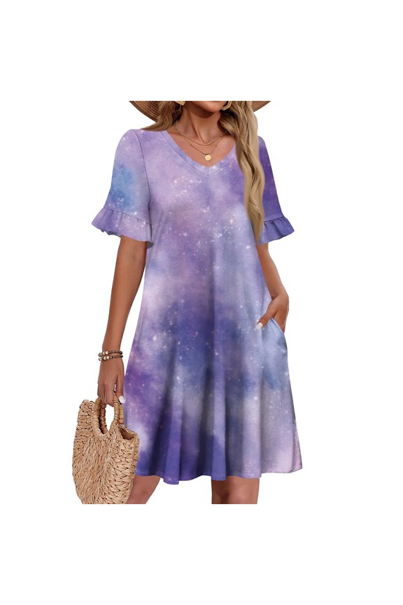 Women's A-Line Sun Dress Short Sleeve V-Neck with Pockets - Tie-Dye Print Flowy Summer Dress, Bohemian Chic, Lightweight and Soft for Vacation, Party, Daily Fashion,Purple,M