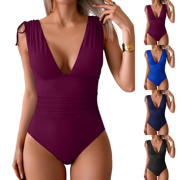 Minjewel Women's Casual One-Piece Swimsuits, Keyhole Back & Shirred Front Design, Comfortable Bathing Suit for Swimming, Beach & Pool Parties,Black L