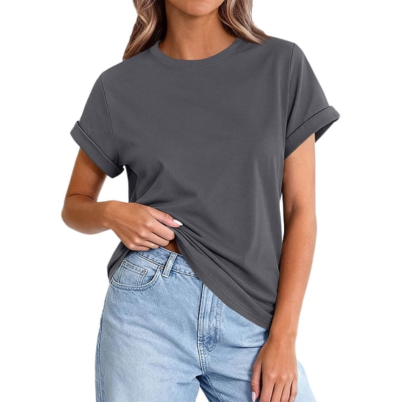 Minjewel Women's Casual Rolled Hem Short Sleeve Tee Blouse Solid Color Soft Summer Top Everyday Essential Basic,Dark Gray M