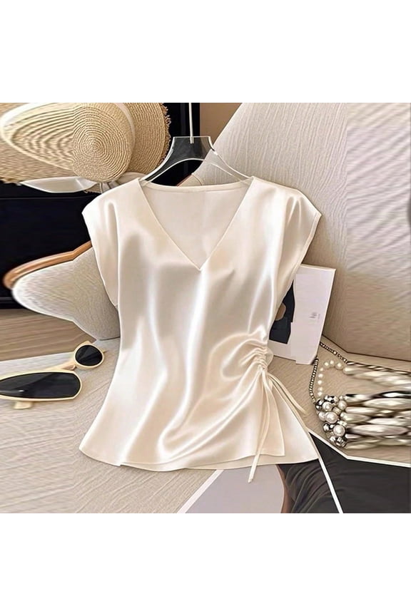 Women's Casual Satin V-Neck Drawstring Shirt Top,Elegant Blouse for Women,Summer Tunic with Adjustable Tie,White,S