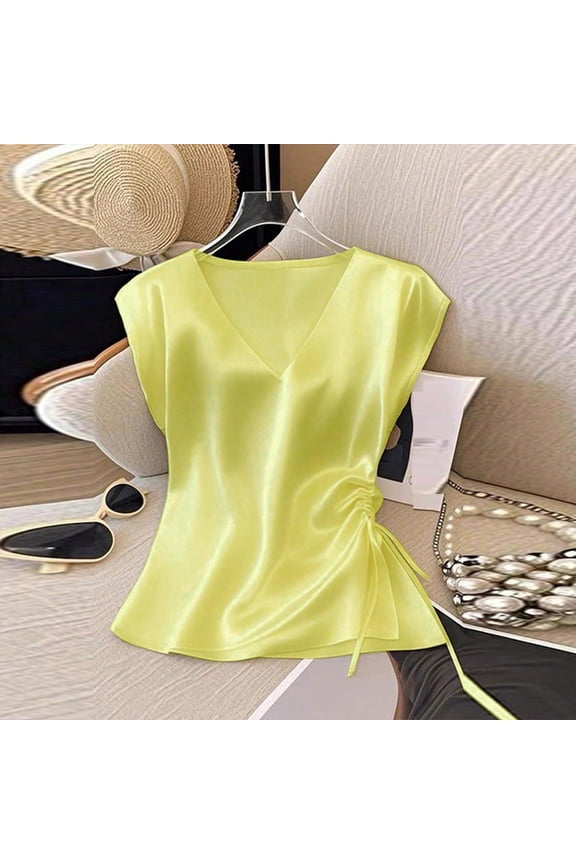 Women's Casual Satin V-Neck Drawstring Shirt Top,Elegant Blouse for Women,Summer Tunic with Adjustable Tie,Yellow,M