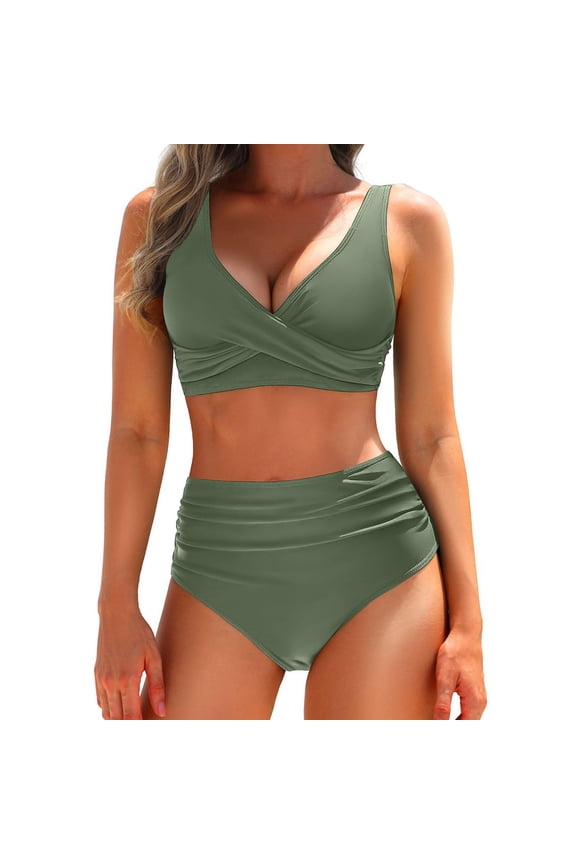 Women's Criss-Cross High-Waisted Two-Piece Bikini, Tummy Control Swimsuit for Retro Beach & Pool Party Swimwear,Army Green,S