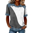 thumbnail image 1 of Minjewel Women's Denim Collar Cowboy Patchwork Blouse Short Sleeve Sweatshirt Floral Print Waffle Knit Casual Summer Tops,Gray 2XL, 1 of 7