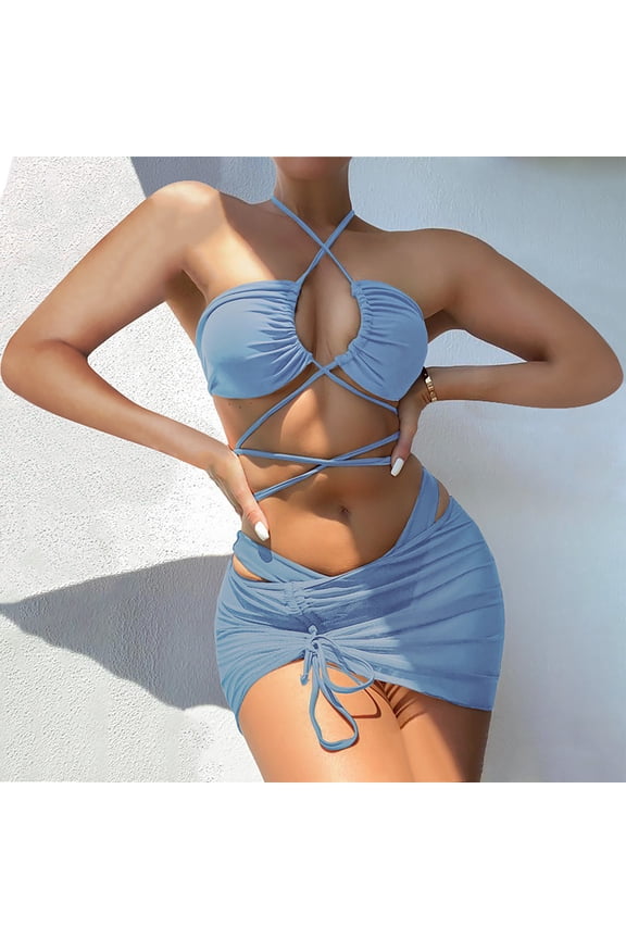 Women's Fashion Sexy Hollow Back Bikini Two Piece Swimsuit,Solid Color with Tie Straps and Cutout Open Back Design,Summer Beachwear,Light Blue,S