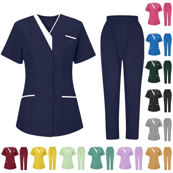 Minjewel Women's Fashion V-Neck Short Sleeve Scrubs for Women with Pockets, Stylish & Functional Scrub Set for Healthcare Professionals,Green S