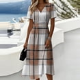 thumbnail image 1 of Minjewel Women's Gingham Shift Dress with Plaid V-Neck - Short Sleeve Summer Dress, Loose Flowy Beach Party Outfit, Preppy Comfy Vacation Mini Dress,Brown,2XL, 1 of 6