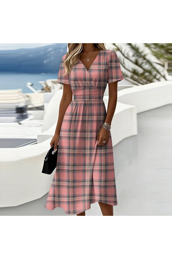 Women's Gingham Shift Dress with Plaid V-Neck - Short Sleeve Summer Dress, Loose Flowy Beach Party Outfit, Preppy Comfy Vacation Mini Dress,Pink,XL