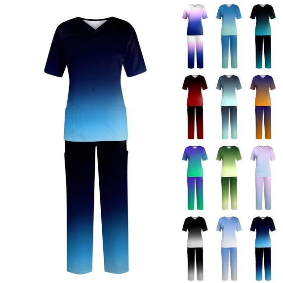 Minjewel Women's Gradient Color Short Sleeve Two-Piece Scrubs for Women Set, Comfortable Workout Sets for Women & Loungewear for Caregivers & Home Health,Purple L