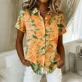 thumbnail image 1 of Minjewel Women's Hawaiian Print Button Down Short Sleeve Shirt with Pocket Casual Summer Beach Vacation Tropical Tops,Orange,2XL, 1 of 6