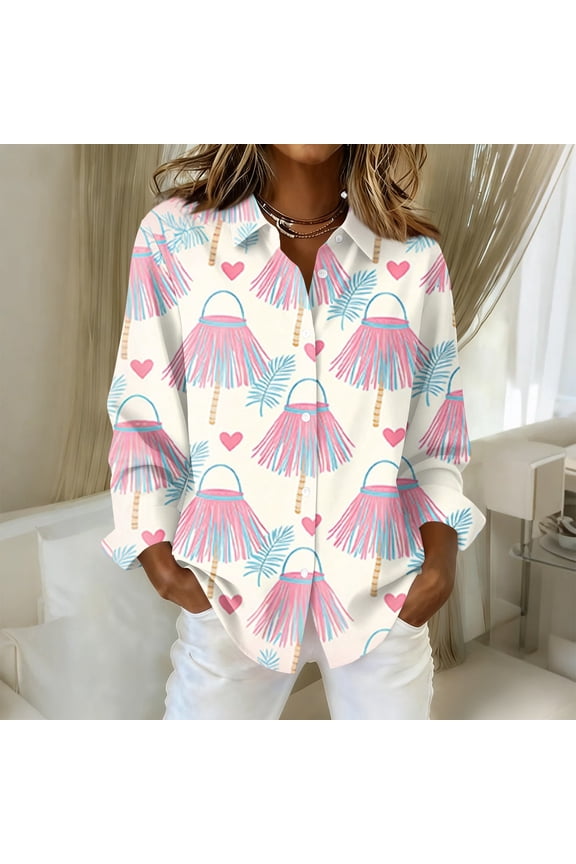 Women's Hawaiian Shirt Long Sleeve Button Down Casual Blouse with Collar and Tropical Print for Women's Fashion Office Weekend Outfit,Light pink,M