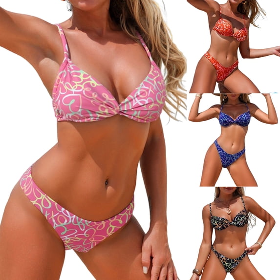 Minjewel Women's Heart Print Bikini Set Two Piece Sexy Swimsuit Removable Padded Cups Wire Free for Valentine's Day Beach Vacation,Saffron,L