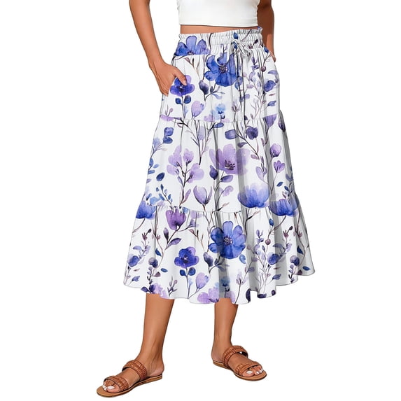 Minjewel Women's Maxi Skirt Drawstring High Waisted Summer Long Skirts, Lightweight Tiered Flowy Floral Pleated Skirts, Casual Elastic Waist Vacation Style Print Skirt,Light Purple,M