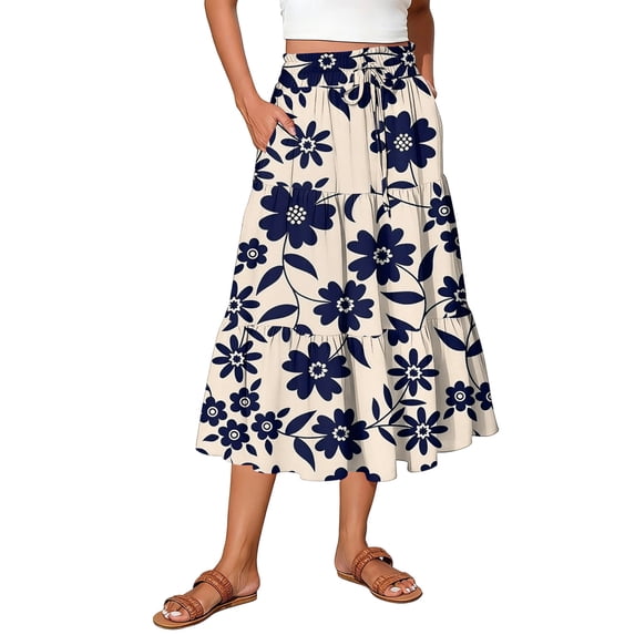 Minjewel Women's Maxi Skirt Drawstring High Waisted Summer Long Skirts, Lightweight Tiered Flowy Floral Pleated Skirts, Casual Elastic Waist Vacation Style Print Skirt,Gray,S