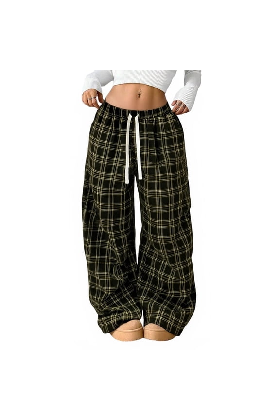 Women's Plaid Casual Relaxed Fit Pants with Elastic and Drawstring Waist, Trousers for Daily Wear, Work, and Weekend, Comfortable Stylish,Black,M