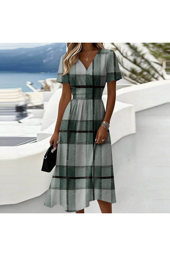 Women's Plaid Mini Dress with V-Neck Short Sleeve - Gingham Summer Dress, Loose Flowy Beach Party Outfit, Preppy Comfy Vacation Top,Green,M