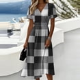 thumbnail image 1 of Minjewel Women's Plaid V-Neck Short Sleeve Gingham Shift Mini Dress - Summer Preppy Vacation Outfit, Loose Flowy Beach Party Dress, Comfy Casual Top,Gray,M, 1 of 6
