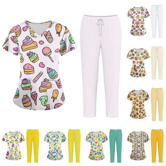 Minjewel Women's Plus Size Printed V-Neck Scrubs for Women Set with Pockets, Cheerful Animal & Floral Design Scrub Set for Medical Staff,Yellow 3XL