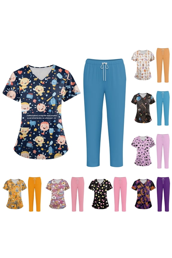 Women's Plus Size Printed V-Neck Scrubs for Women with Pockets, Colorful Animal & Floral Pattern Scrub Set for Healthcare Workers,Pink 3XL