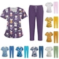 thumbnail image 1 of Minjewel Women's Plus Size Printed V-Neck Short Sleeve Scrubs for Women Set, Playful Animal & Floral Print Scrub Set for Nurses & Caregivers,Blue S, 1 of 5
