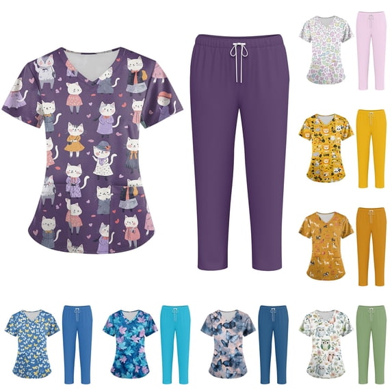 Minjewel Women's Plus Size Printed V-Neck Short Sleeve Scrubs for Women Set, Playful Animal & Floral Print Scrub Set for Nurses & Caregivers,Blue S