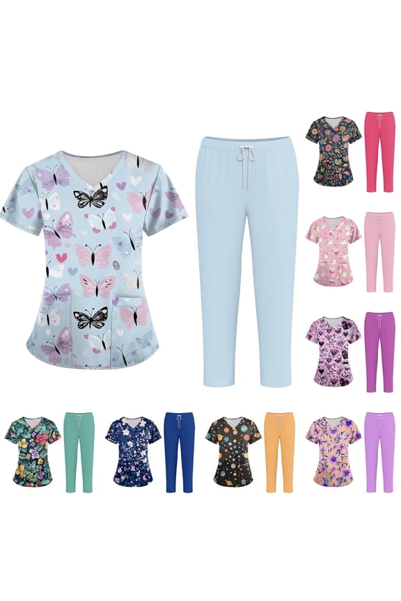 Women's Plus Size Printed V-Neck Short Sleeve Scrubs for Women Set with Pockets, Fun & Colorful Animal Floral Scrub Set,Blue L