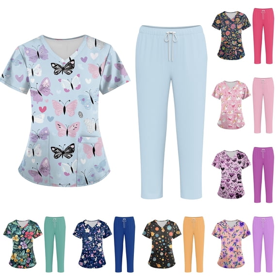Minjewel Women's Plus Size Printed V-Neck Short Sleeve Scrubs for Women Set with Pockets, Fun & Colorful Animal Floral Scrub Set,Orange M