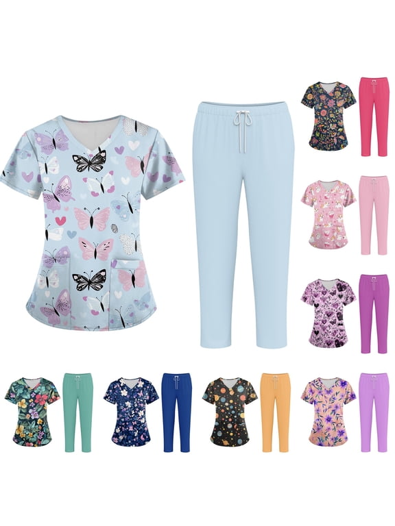 Women's Plus Size Printed V-Neck Short Sleeve Scrubs for Women Set with Pockets, Fun & Colorful Animal Floral Scrub Set,Purple S