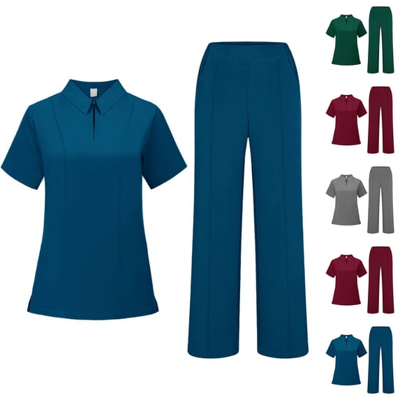 Minjewel Women's Quick-Dry Polo Collar Short Sleeve Scrubs for Women Set, Professional & Moisture-Wicking Scrub Set for Nurses & Caregivers,Blue L