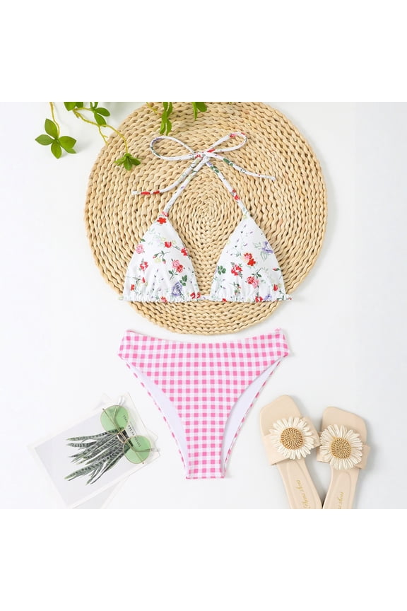 Women's Sexy Checkered Floral Two-Piece Bikini, V-Neck & Hollowed-Out Design Swimsuit for Beach & Pool Party,Light pink,S