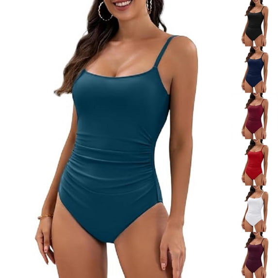 Minjewel Women's Sexy Pleated One-Piece Swimsuits, Slimming Adjustable Straps & Tummy Control with Ruffled Detail for Beach & Pool,Wine XL