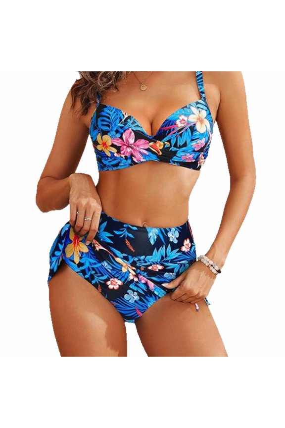 Women's Sexy Push Up Two Piece Swimsuit with Hard Padding High Waist Stretchy Bikini for Beach Holiday Wear, Supportive Swimsuit,Blue,S