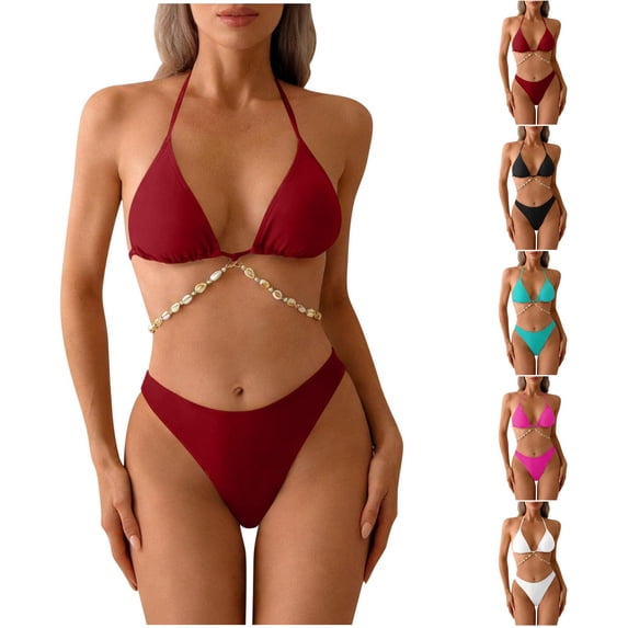 Minjewel Women's Sexy Two-Piece Bikini Set with Chain String Detail & Adjustable Ties, Triangle Top for Beach, Pool & Vacation Swimsuits,Cyan L