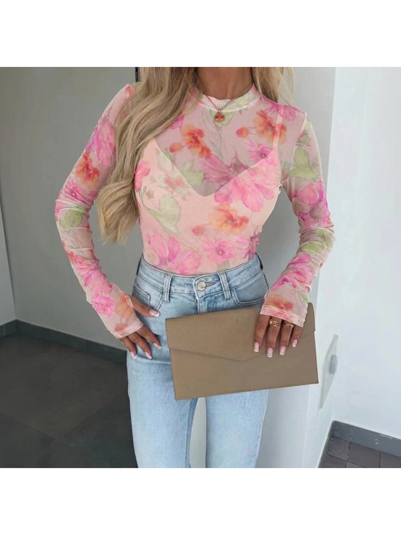 Women's Sheer Floral Print Long Sleeve Top, Crew Neck Stretch Fitted Mesh Blouse, Slim Base Layer for Layering