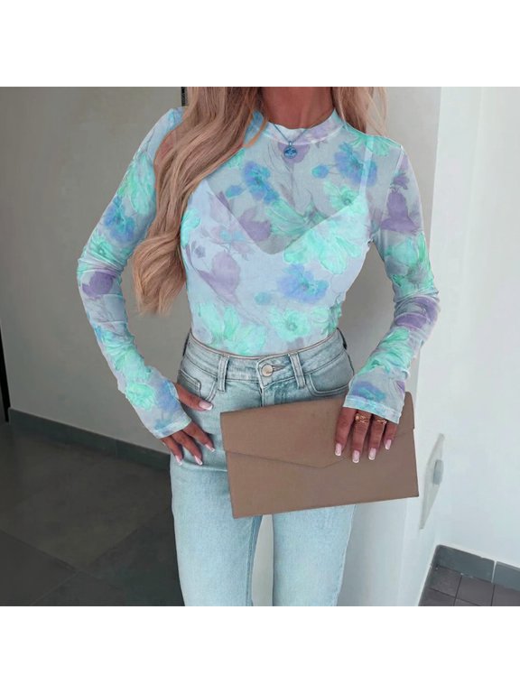 Women's Sheer Floral Print Long Sleeve Top, Crew Neck Stretch Fitted Mesh Blouse, Slim Base Layer for Layering