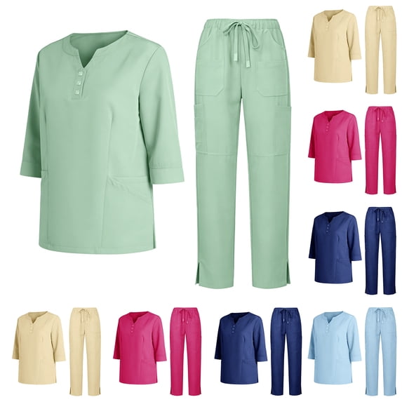 Minjewel Women's Short Sleeve Round Neck Scrubs for Women Set with Pockets, Breathable Scrub Set for Nurses, Caregivers & Medical Professionals,Light Blue M