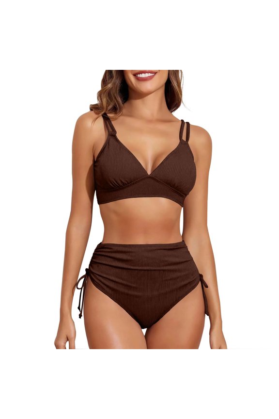 Women's Solid Color Bikini Set, Two Piece Bathing Suit with Removable Padding, No Underwire Swimwear,Coffee XL
