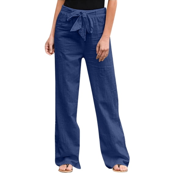 Minjewel Women's Solid Color Elastic Waist Loose Fit Breathable Cotton Linen Pants, Casual Trousers for Summer and Beach, Lightweight Comfortable,Dark Blue,S