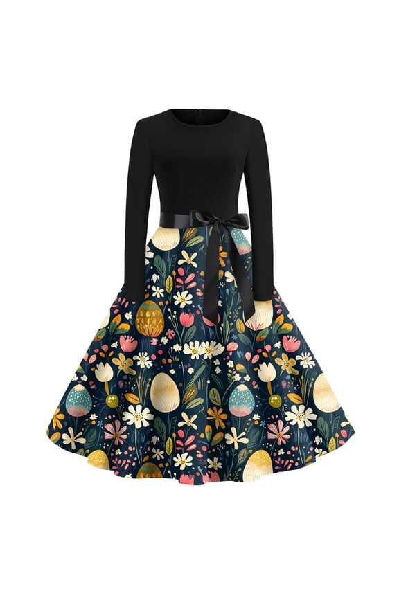 Women's Spring Easter Dress, Round Neck Long Sleeve Slim Fit Floral Print Casual Dress, Church, Garden Party, Daily Wear,Navy XL