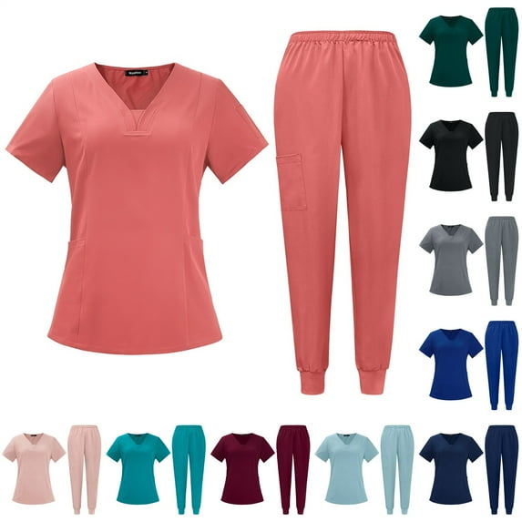 Minjewel Women's Stylish V-Neck Short Sleeve Scrubs for Women with Pockets, Lightweight & Breathable Scrub Set for Medical Professionals,Light Blue XL