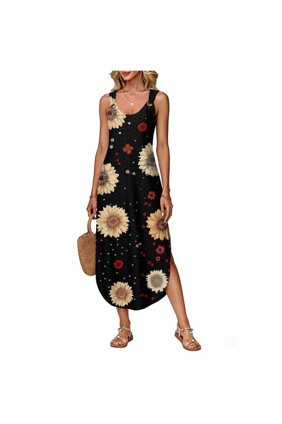 Women's Summer Long Dress Sleeveless Side Slits, Floral Printed Camisole Maxi Dress, Flowy Boho Chic Dress for Garden Party Beach Casual,Black,L