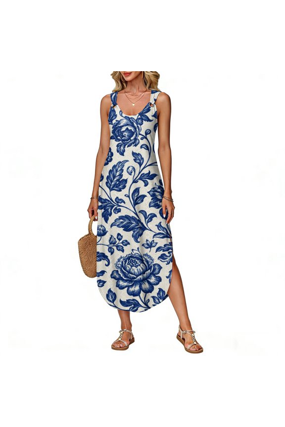 Women's Summer Long Dress Sleeveless Side Slits, Floral Printed Camisole Maxi Dress, Flowy Boho Chic Dress for Garden Party Beach Casual,Blue,L