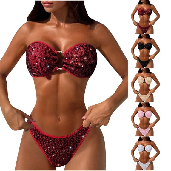 Minjewel Women's Two-Piece Sequin Bikini Set, O-Ring Detail & Strapless Top with High Waist Bottom, Sexy Swimsuits for Women for Party Vacation,Black L