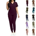 thumbnail image 1 of Minjewel Women's V-Neck Short Sleeve Nursing & Beauty Scrub Set with Pockets, Lightweight Scrubs for Women in Healthcare & Salon Professions,Wine S, 1 of 4