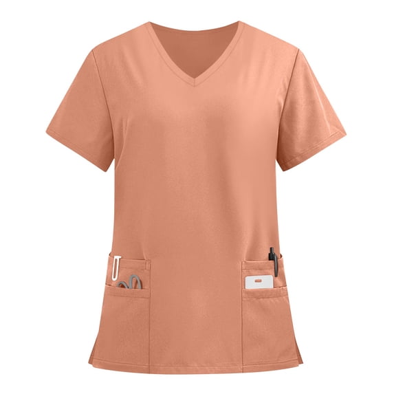 Minjewel Women's V-Neck Short Sleeve Workwear Blouse Pocket Top Solid Color Casual Nurse Uniform Summer Tee Tops,Orange 3XL