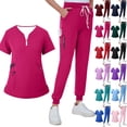thumbnail image 1 of Minjewel Women's V-Neck Zipper Short Sleeve Scrubs for Women Set with Pockets, Easy Wear & Comfortable Scrub Set for Healthcare Professionals,Green L, 1 of 8
