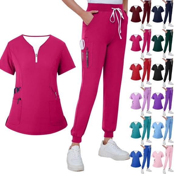 Minjewel Women's V-Neck Zipper Short Sleeve Scrubs for Women Set with Pockets, Easy Wear & Comfortable Scrub Set for Healthcare Professionals,Green L