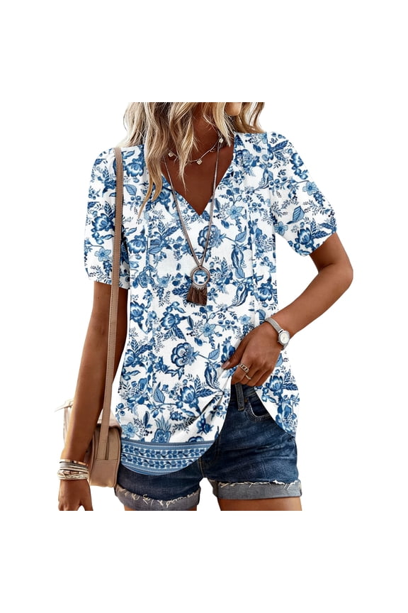 Women's Vintage Printed Top Casual Fashion Blouse Short Sleeve Retro Streetwear T-Shirt Comfortable Summer Y2K Aesthetic Loose Fit,Blue,S