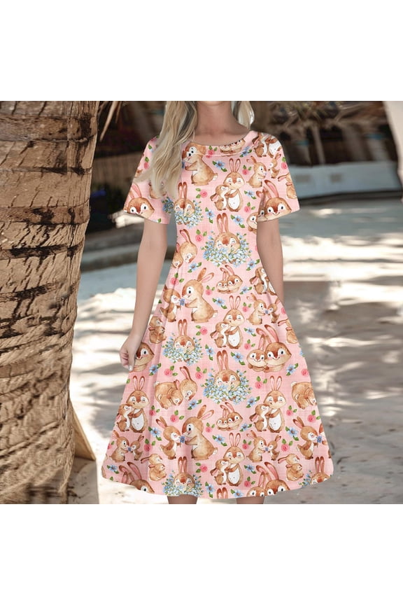 Women's Zipper Easter Dress, Round Neck Short Sleeve Waisted Floral Swing Midi Dress, Casual Church Outfit, Spring Garden Party Dress,Black 5XL